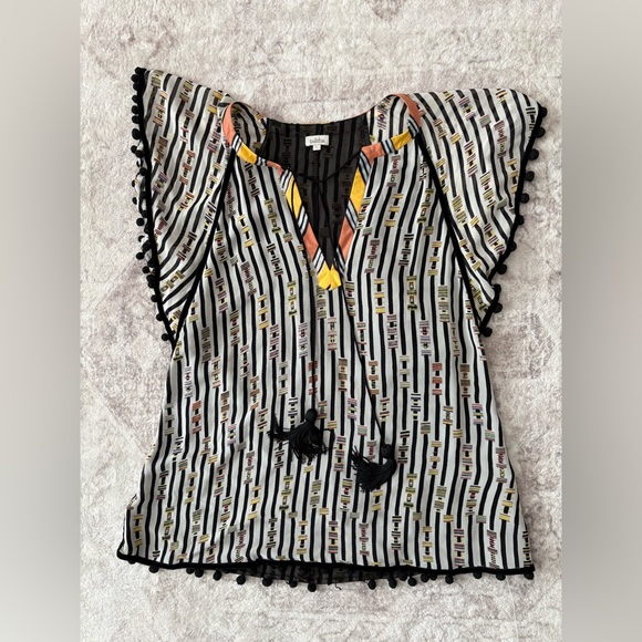 Talitha Silk Tunic Top Blouse Tassels Pom Pom Large - Picture 2 of 13